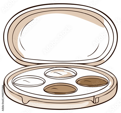Open cosmetic palette with eyeshadows in neutral tones in cartoon drawing style beauty product.