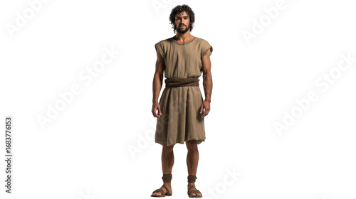 Ishmael full body standing on transparent background. Biblical figure in simple desert robe with staff, isolated PNG image for Christian education.