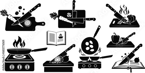 Cooking, kitchen, knife, vegetables, cutting board, stove, flames, pan, recipe book, onion, tomato, mushroom, carrot, pepper, chef, food prep, culinary, black, white, illustration