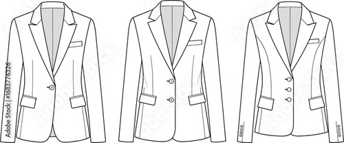 Tailored women’s blazer technical sketch, formal suit jacket variations, vector fashion flat drawing, CAD style, sleeve button detail