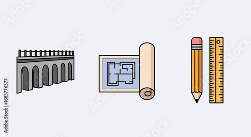Architectural design elements including an aqueduct, blueprint, pencil, and ruler.