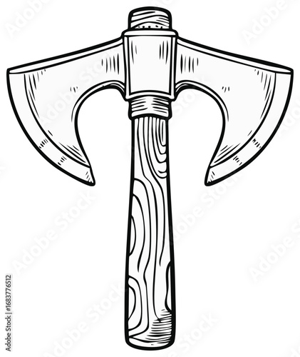 Double Headed Axe Black and White Engraving Medieval Weapon Tool Illustration Lumberjack Warrior