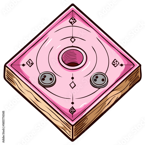 Pink Carrom Board Game Illustration with Wooden Frame and Pucks
