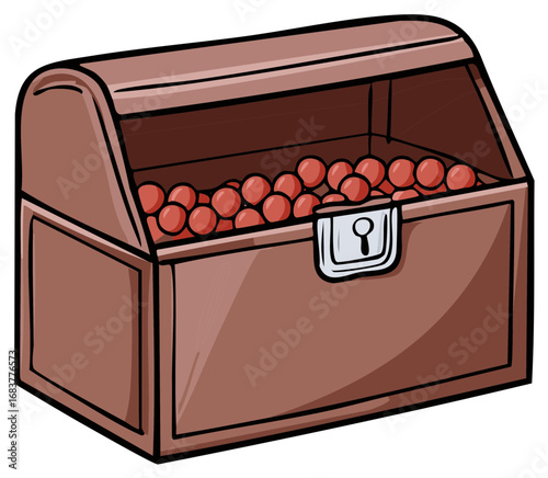 Open Wooden Treasure Chest Filled with Red Spheres and Secured with a Lock