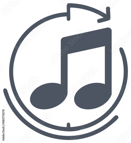 Musical note and circular arrow icon design. Symbol of music, rotation, and audio.
