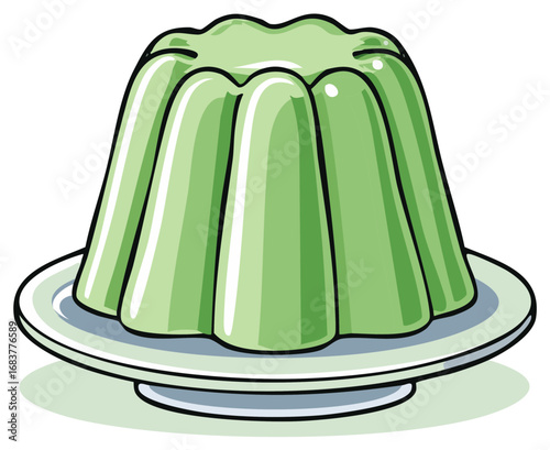 Vibrant Green Gelatin Dessert on a White Plate Cartoon Illustration