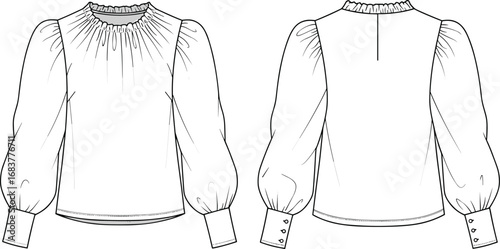 Technical cad drawing blouse with puff sleeves, round neckline, gathered front and back view, vector fashion flat, detailed shirt sketch