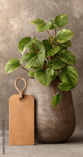 Potted plant with a tag.  Green leaves, light gray pot