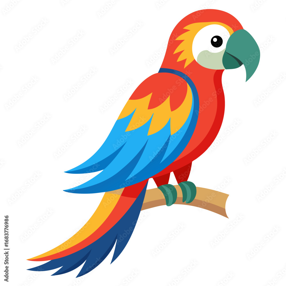 Fototapeta premium Colorful cartoon macaw parrot perched on a branch vector on white background.