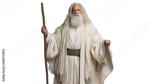 Moses full body on transparent background. Biblical Old Testament leader holding staff, standing isolated for Christian art, teaching, and religious graphic design.