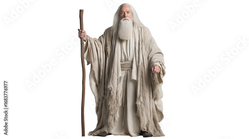Moses full body on transparent background. Biblical Old Testament leader holding staff, standing isolated for Christian art, teaching, and religious graphic design.