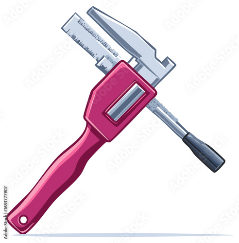Illustration of pink rivet tool with measuring scale for fastener installation. Precision mechanic equipment.