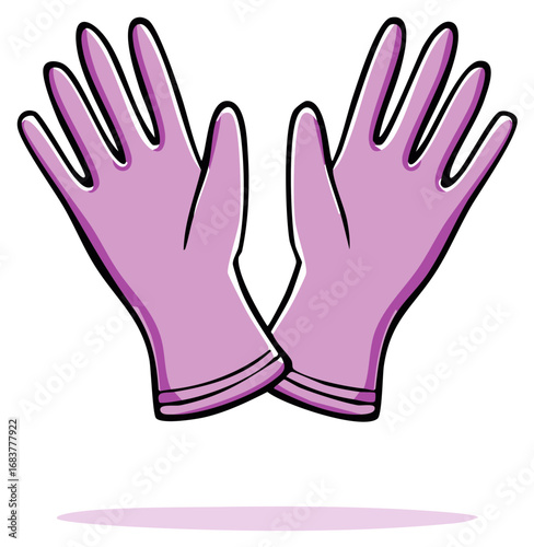 Illustration of two pink disposable medical gloves with bold outlines