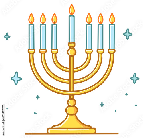 Cartoon illustration of a golden Hanukkah menorah with lit candles