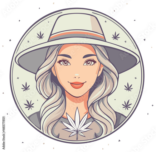 Stylized portrait of a young woman with long wavy hair wearing a wide-brimmed hat and marijuana leaf emblem