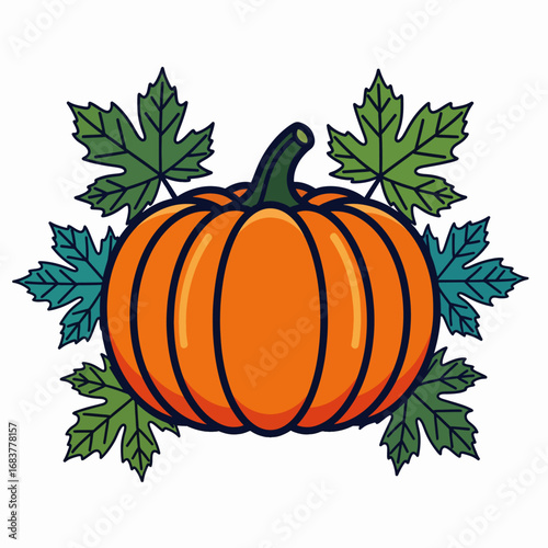 Autumn Harvest Pumpkin with Vibrant Green Maple Leaves Celebration Decoration