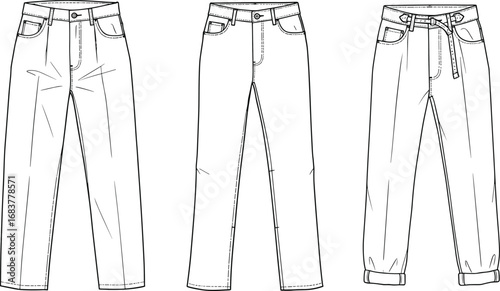 Technical flat sketch of casual straight jeans, belted trousers, cuffed pants, front views, CAD drawing, vector fashion design illustration