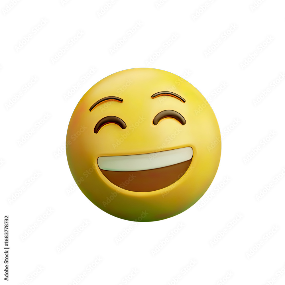 Fototapeta premium Bright Yellow Smiling Emoji with Closed Eyes and Open Mouth, a 3d Rendered Icon Expressing Pure Happiness and Joy