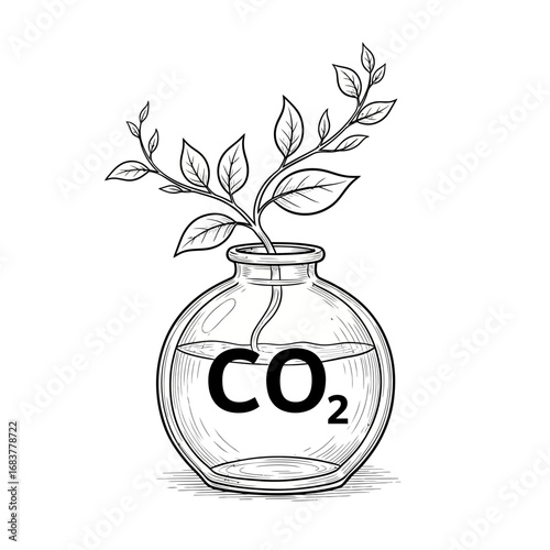 Hand drawn illustration of a glass flask containing co2 and a plant with leaves emerging from the liquid