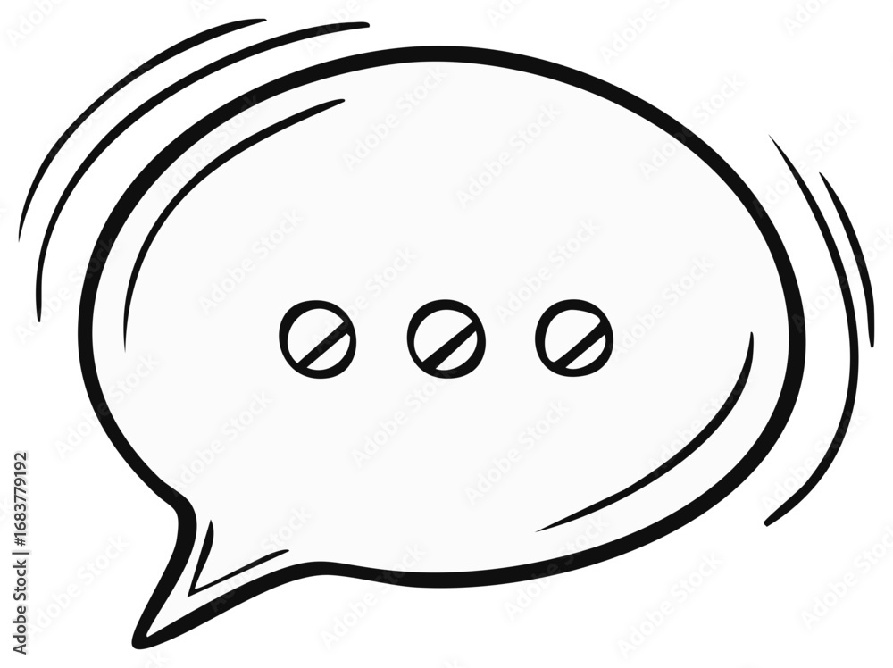 Hand drawn speech bubble with ellipses and a strikeout symbol indicating silence or stopping conversation Hand drawn speech bubble with ellipses and a strikeout symbol indicating silence or stopping conversation