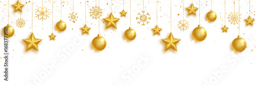 Gold balls, stars and snowflakes frame. Celebration background. Bright Holiday ornament. Luxury hanging baubles. Christmas 3d gold glass toys. Festive glitter design elements. Vector illustration