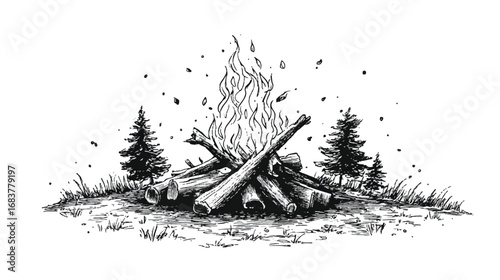 Monochrome Bonfire Illustration Featuring Pine Trees and Ascending Flames with Hand Drawn Style Details