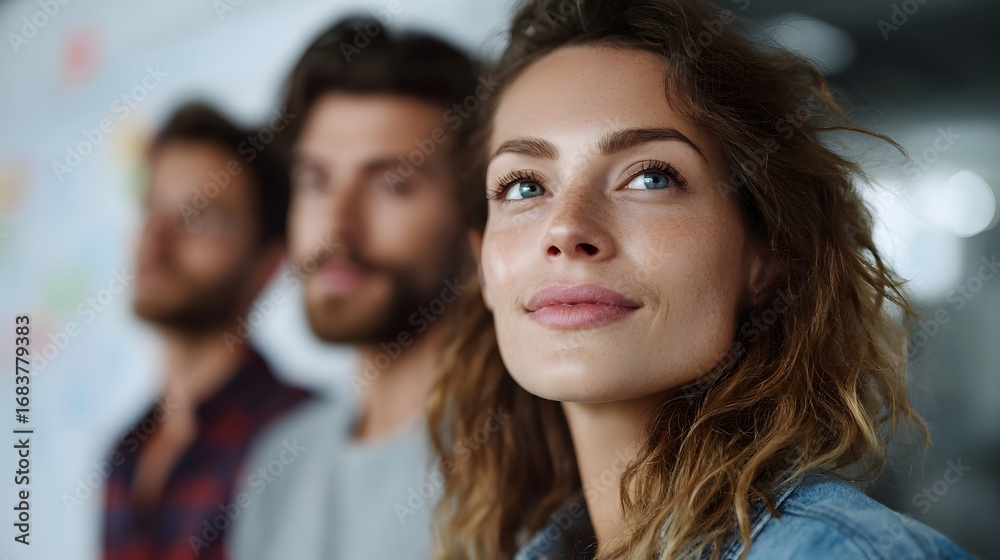 Obraz premium Young woman smiling thoughtfully looking upward with optimism while her diverse team stands blurred in the background of a modern office