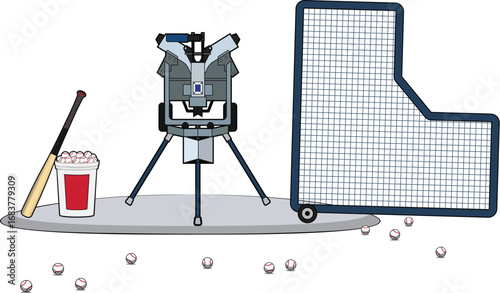 Vector Illustration of Baseball Pitching Machine and Training Set
