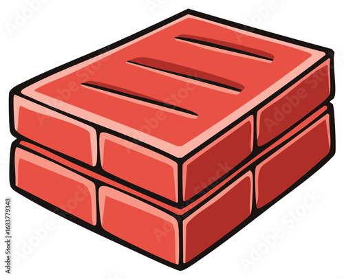 Illustration of two stacked red bricks with parallel grooves on the top surface