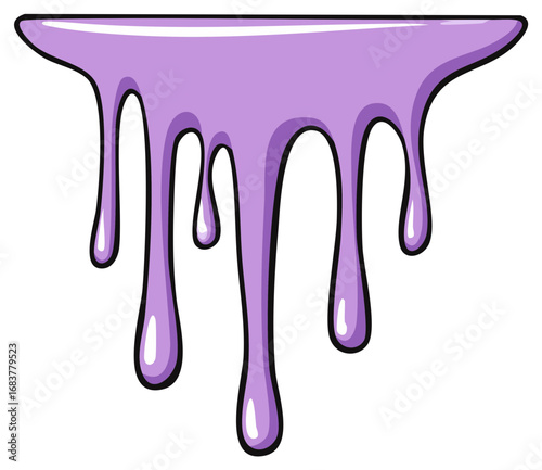 Purple viscous liquid dripping downward with smooth glossy texture and black outline