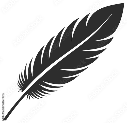 Elegant black bird feather silhouette, a classic vector icon for writing, literature, and lightness