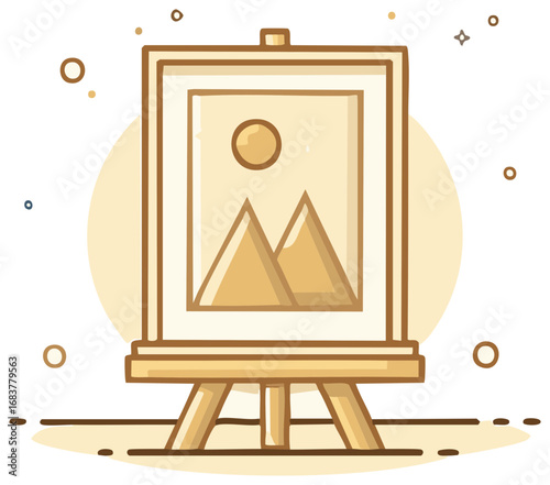 Illustration of an easel with a painting, showcasing mountains and a sun in a stylized, minimalist design.