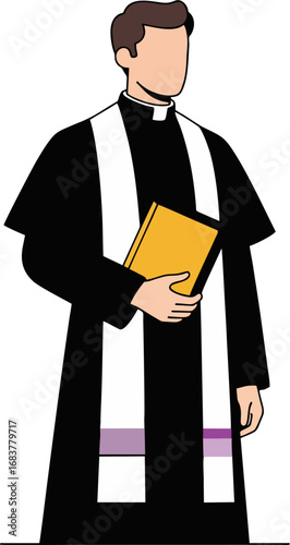 Christian Priest Holding Bible Vector Illustration - Religious Clergyman Character