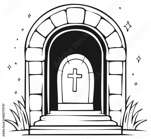 Stone Archway Entrance to a Graveyard with a Christian Cross Inside