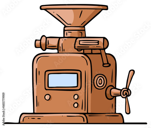 Stylized illustration of a vintage copper coffee grinder with a funnel and crank