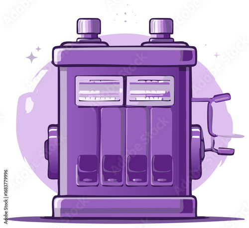 Futuristic purple gaming machine with crank and displays vector illustration