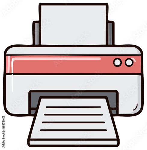 Illustration of a printer machine with paper output, for printing office documents and homework assignments, vector graphic