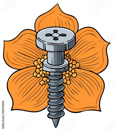 Metal screw piercing a vibrant orange flower symbolizing the clash of industry and nature