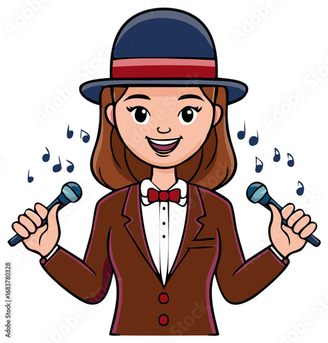Smiling cartoon woman in a bowler hat singing with two microphones