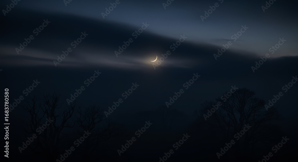 Fototapeta premium Mysterious dark sky with subtle bright light through clouds at night