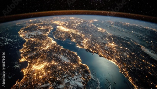 Earth's illuminated European landscape from space.  A vast expanse of land, predominantly Europe,  is visible from above.  