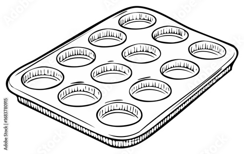 Empty 12-Cup Muffin Pan Line Art Illustration for Baking Cupcakes and Pastries