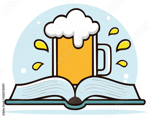 Open book with overflowing beer mug and droplets above