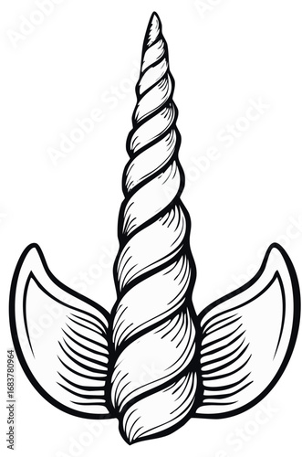 Detailed black and white illustration of a unicorn horn with feathered ears