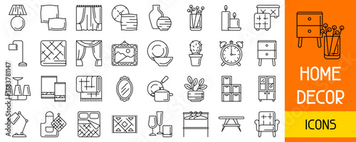 Home decor icon set. Domestic items thin line illustration.