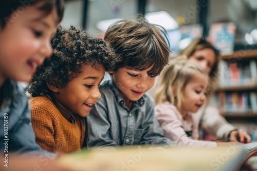 Happy diverse children reading books together in a school library, education and learning concept