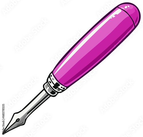 Pink fountain pen drawing tool illustration with silver nib isolated
