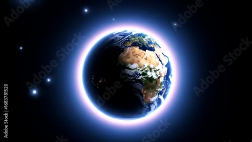 A vibrant, luminous depiction of a planet encircled by a brilliant blue glow in the vast expanse of space.