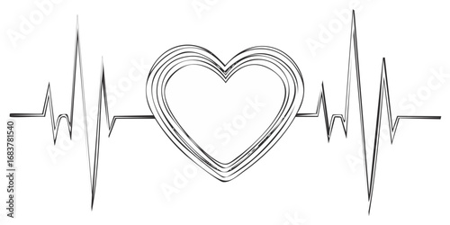Heartbeat line graph with sketchy heart symbol in the middle representing health and love