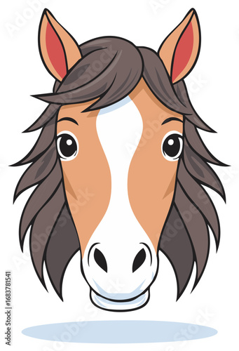 Friendly cartoon horse head with a brown mane and white blaze on its face